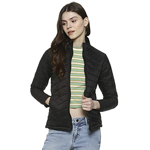 Campus Sutra Womens Black Puffer Regular Fit Bomber Jacket for Winter Wear | Standing Collar | Full Sleeve | Zipper | Casual Ja