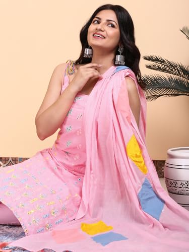 ishin Women Pink Cotton Kurta set with Dupatta