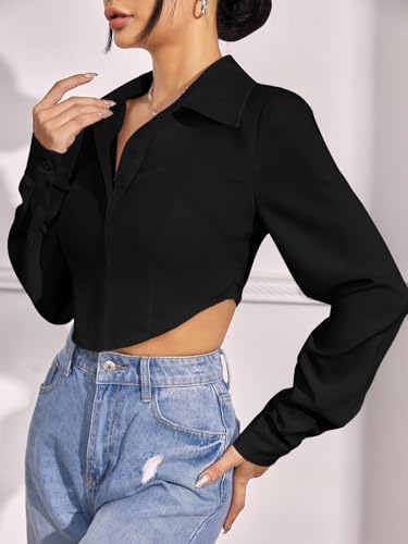 Greciilooks Shirt For Women | Printed Casual Crop Top | Long Sleeve Stylish Collared |Korean Oversized Button-Down |Causal |Form