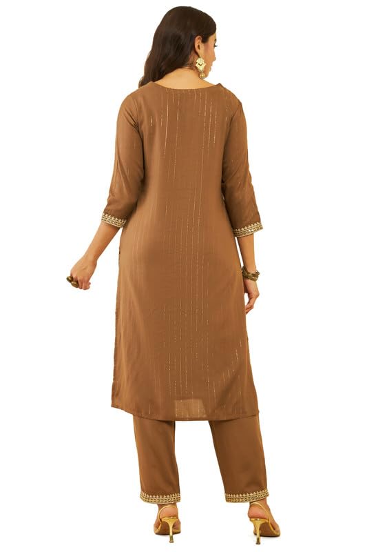 Soch Womens Brown Rayon Embroidered Straight Kurta Set with Sequin Embellishments