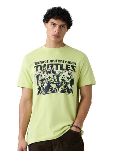 The Souled Store Official Tmnt: The Squad Mens Regular Fit Half Sleeve Graphic Printed Cotton Off Green Color T-Shirt