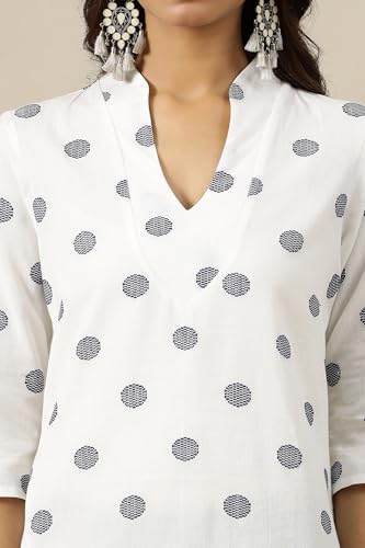 Aurelia Women’s Lightweight V-Neck Cotton Kurta, Geometric Print, Regular Fit, Large, White, Model 24AUA15473-704968