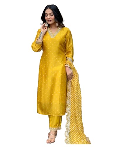 LookMark Womens Silk Blend Table Print Kurta Pant Set with Mal Cotton Digital Print Dupatta and Embroidery Work Suitable for Ev