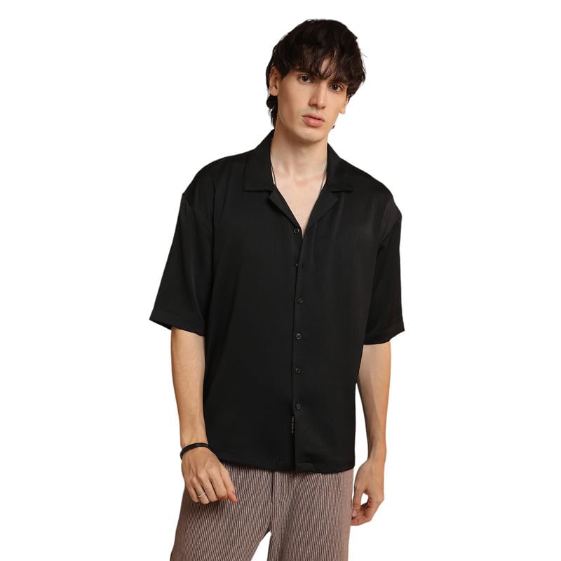 Campus Sutra Mens Onyx Black Solid Crinkle Oversized Shirt for Casual Wear | Cuban Collar | Short Sleeve | Button Closure | Ove