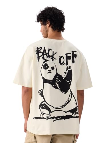 The Souled Store Official Kung Fu Panda: Back Off Men And Boys Short Sleeve Round Neck Off White Graphic Printed Cotton Oversize