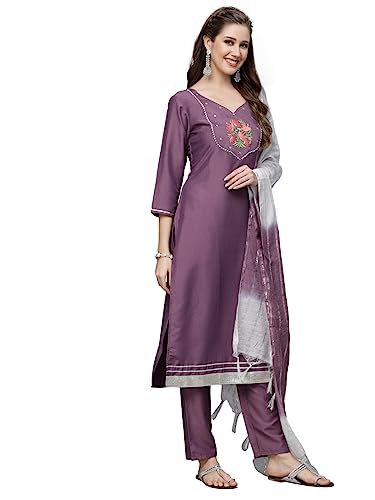 Stylum Women's Embroidered Chinnon Straight Kurta Pant Dupatta Set
