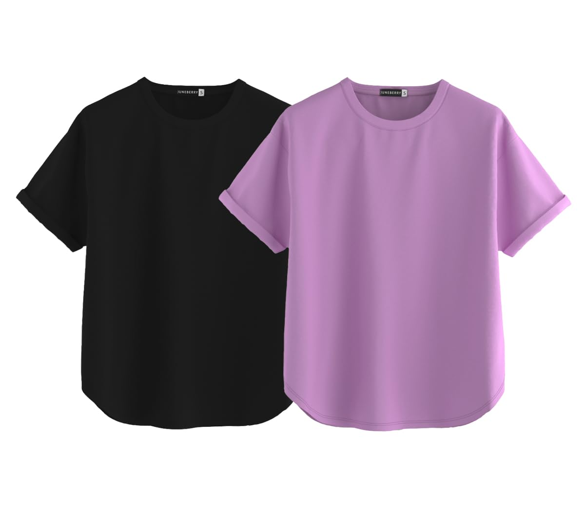 Juneberry Pure 100% Cotton Oversized Loose Baggy Fit Round Neck With Drop Shoulder Black & Lilac Half Sleeves Boyfriend T-Shirt