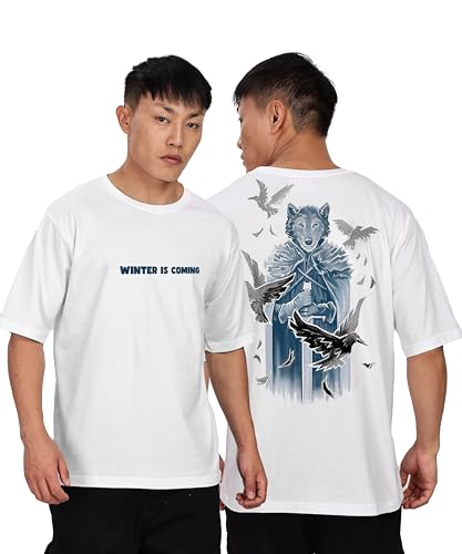 KYDA Mens Oversized 100% Cotton Round Neck Front and Back Printed Tshirt (Pack of 1) White