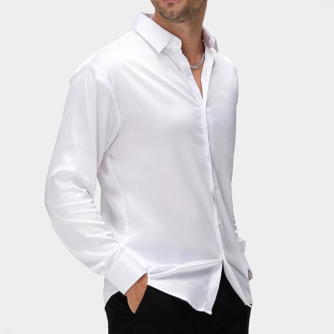 Cb-Colebrook Mens Stylish Solid Silk Satin Casual Dress Shirts For Men Shiny Long Sleeve Button Down Shirt Party Prom Wedding Sh