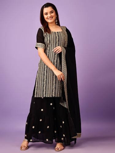 Fashion Basket Georgette Plazzo Kurta With Duptta Set For Women Black