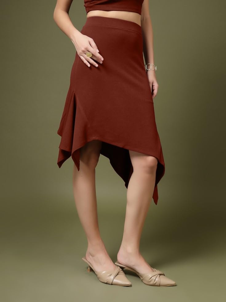 OOMPH! A-Line Handkerchief Hem Lycra Skirt for Women Brown - msk237