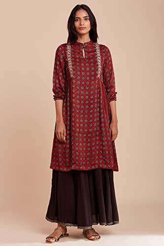 W for Woman Women's Mandarin Neck Kurta Ajrakh Print 40 L 3/4Th SLV