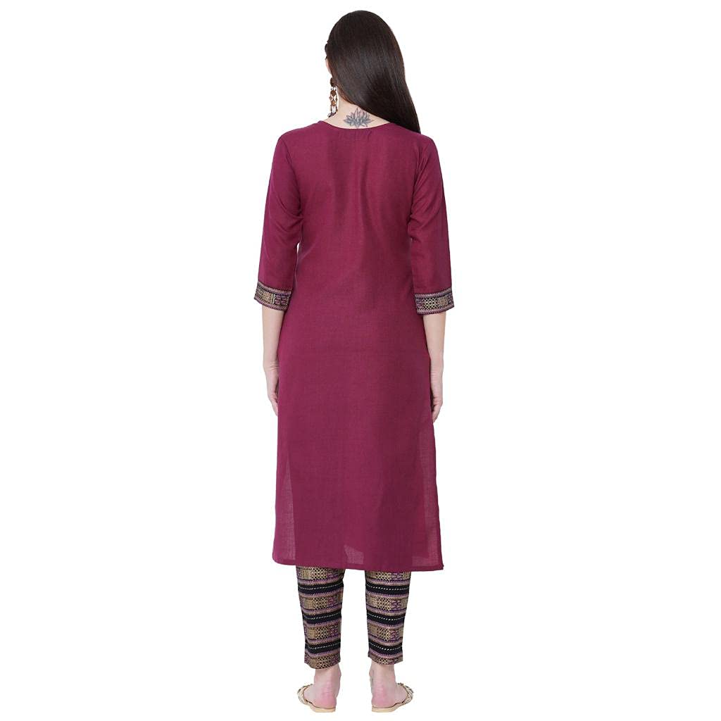 GoSriKi Women's Cotton Straight Kurta with Trousers (Ziya-Wine__)
