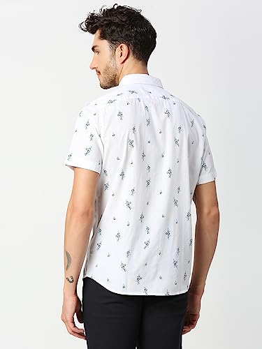 Thomas Scott Mens Printed Slim Fit 100% Cotton Casual Shirt with Spread Collar and Half Sleeve White