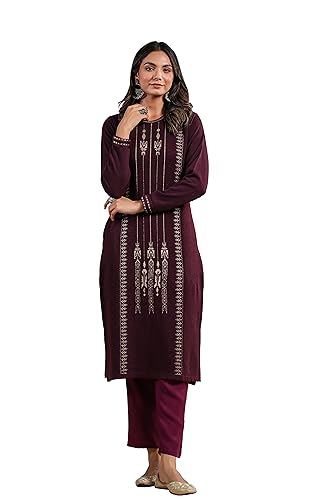 Ishin WomenS Mauve Jacquard Style Geometric Pattern Straight Winterwear Kurta