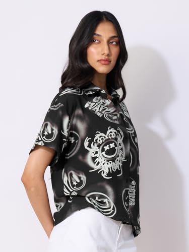 The Souled Store Smiley: Shadow Haze Women and Girls Short Sleeves Collared Neck Button Front Black Printed Viscose Blend Regula