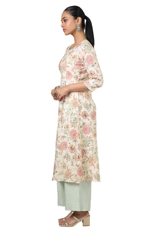 Soch Womens Beige Linen Floral Print Kurta with Beads and Stones