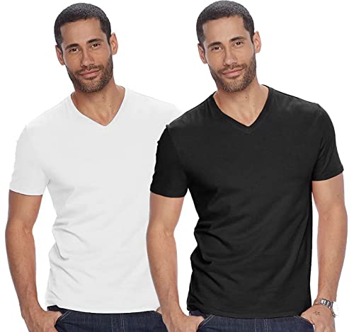 ADRO Mens V Neck Combo Plain Cotton T-Shirts_VCM2-PLN-BL-WH-XL Black, White
