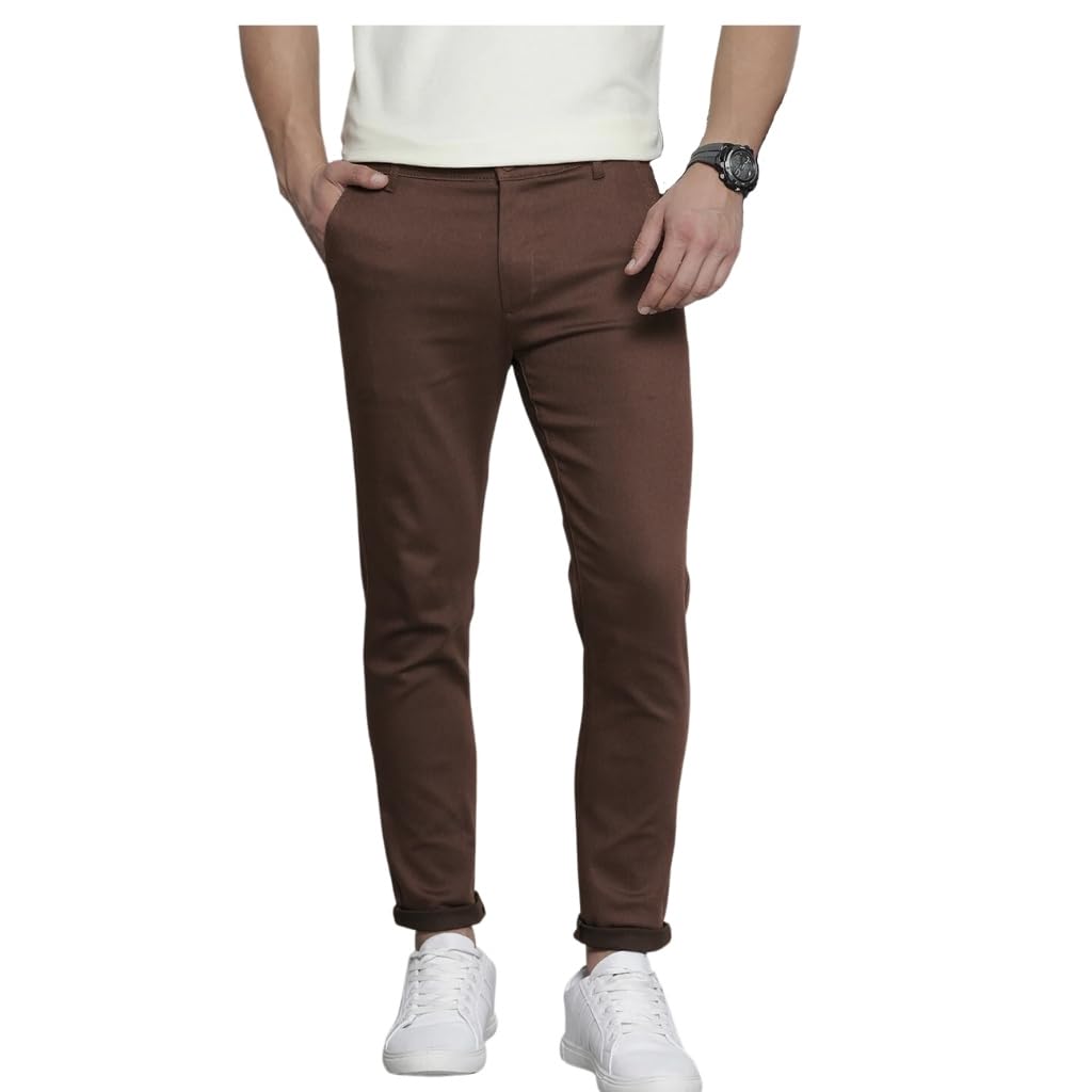 The Indian Garage Co Men Slim Fit Solid Mid-Rise Stretchable Chinos Seal Brown