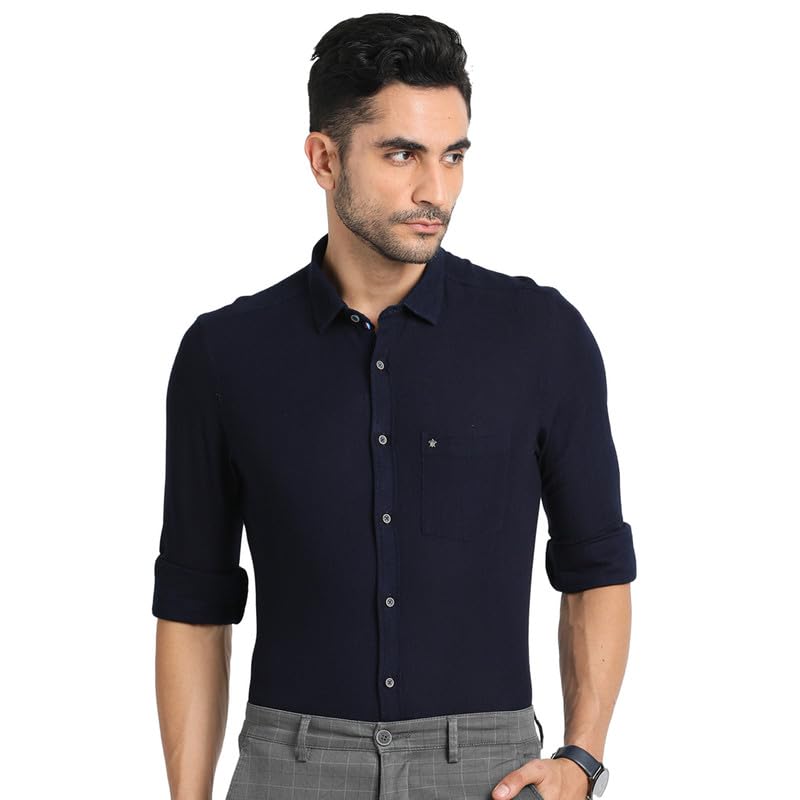 Turtle Men Knitted Navy Blue Dobby Ultra Slim Fit Full Sleeve Casual Shirt