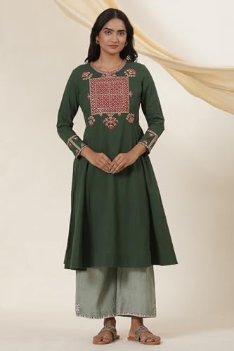 W for Woman Folksong Green Festive Solid Cotton Flared Kurta