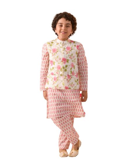 Pspeaches Boys Floral Printed Regular Pure Cotton Kurta With Pyjamas And Nehru Jaket