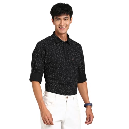 Turtle Men 100% Cotton Black Printed Slim Fit Casual Shirt