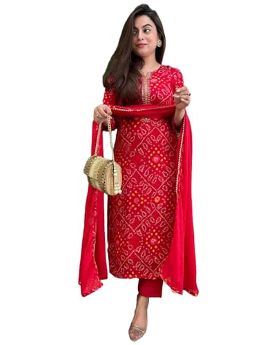 GoSriKi Womens Rayon Blend Bandhani Printed Straight Kurta with Pant & Dupatta (TURAE-RED-GS_M_Red_Medium)