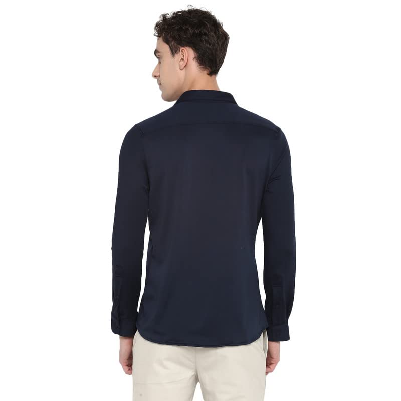 Turtle Men Navy Blue Polyester Solid Slim Fit Shirts