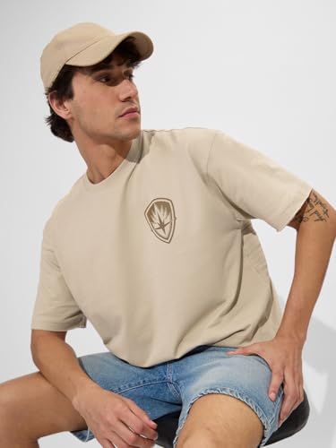 The Souled Store Official Gotg: Rocket Men And Boys Short Sleeves Round Neck Brown Graphic Printed Cotton Oversized T-Shirts