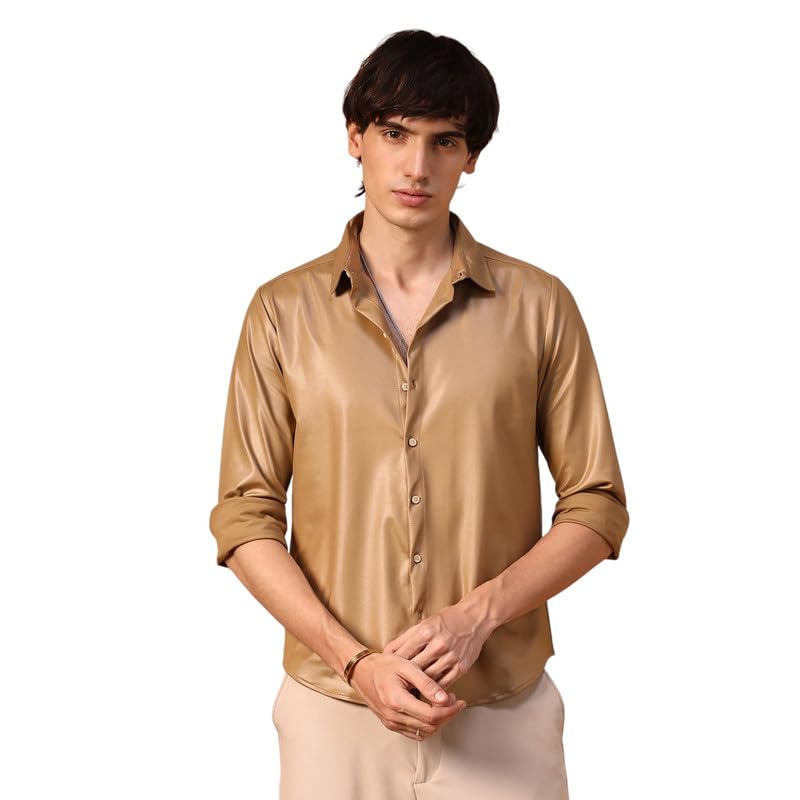 Campus Sutra Mens Camel Brown Solid Suede Shirt for Casual Wear | Spread Collar | Long Sleeve | Button Closure | Shirt Crafted