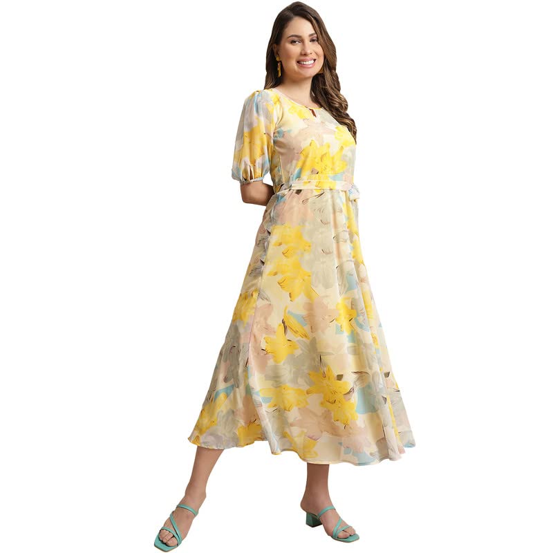 Preneum Women Fit & Flare Latest Style Print Georgette Regular Sleeves Casual Summer Maxi Dress | Festival & Occasion, Light Yel