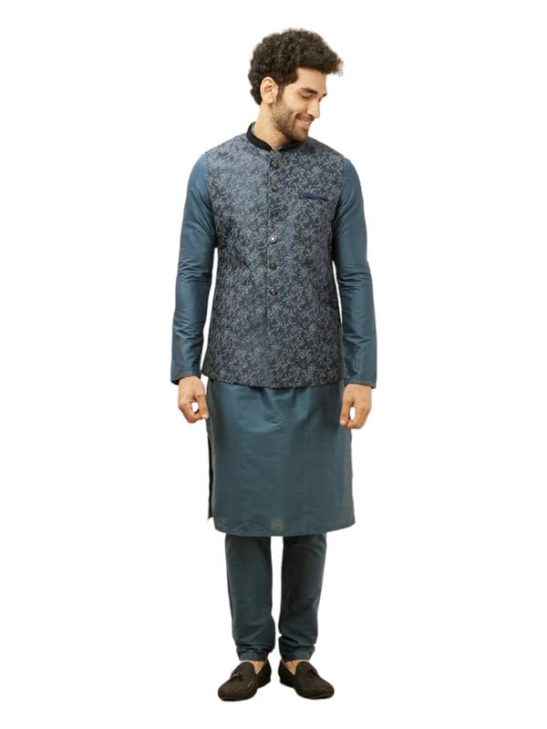 Manyavar Mens Blue Art Silk Printed Jacket