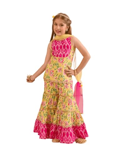 Pspeaches Girls Floral Printed Pure Cotton Kurta With Sharara With Dupatta