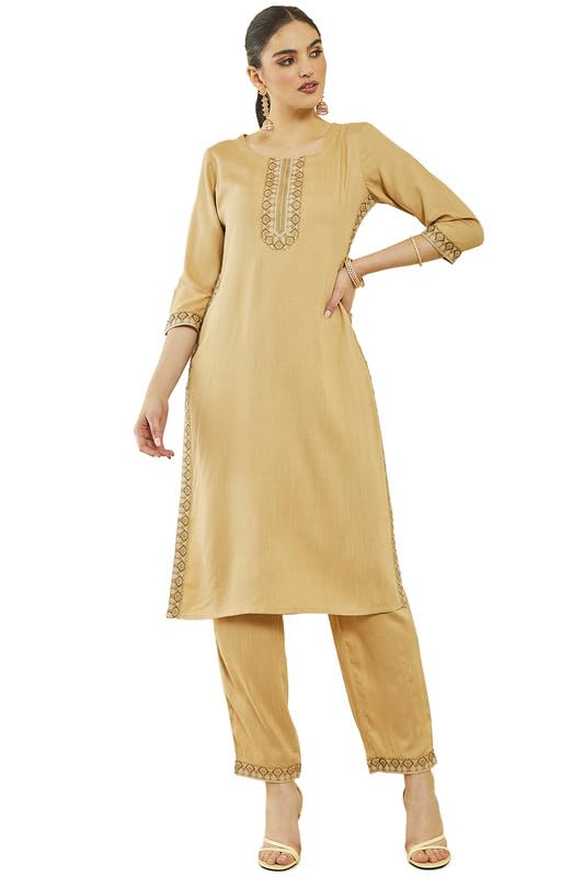 Soch Womens Beige Rayon Slub Embroidered Kurta Sets with Pocket