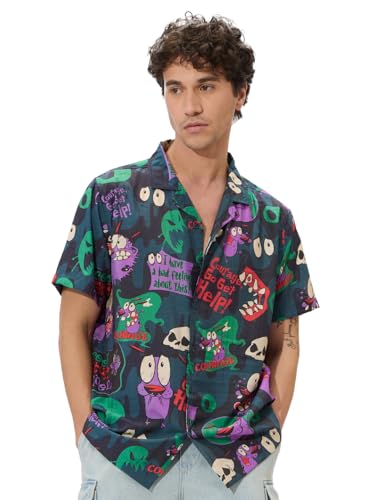 The Souled Store Courage: Creepy Stuff Happens Men And Boys Short Sleeves Collared Neck Button Front Purple All Over Printed Ray
