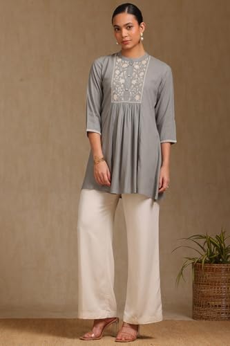 Soch Womens Grey Viscose Solid Tunic with Thread Work
