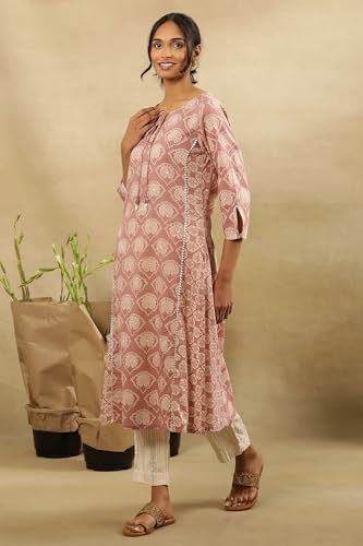 Folksong by W Women Pink Printed Cotton A-Line Kurta