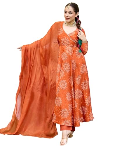 Anni Designer WomenS Rayon Viscose Bandhej Printed Anarkali Kurta With Pant & Dupatta (Sabrina Orange_Xxl_Orange_Xx-Large)