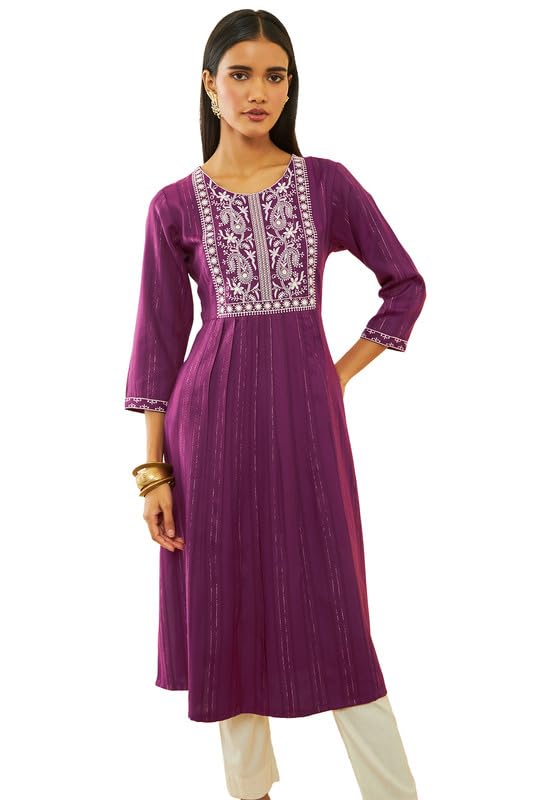 Soch Womens Wine Rayon Paisley and Floral Embroidered Yoke Round-Neck Straight Kurta