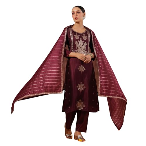 ishin Womens Poly Silk Self Design Magenta Straight Kurta Suit Set with Trousers and Dupatta