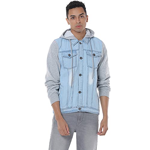 Campus Sutra Mens Light-Washed Blue & Black Regular Fit Denim Jacket for Winter Wear | Hooded Collar | Full Sleeve | Buttoned |