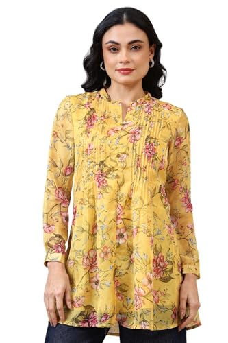 Aurelia Womens Bright Yellow Floral Printed Organza Kurti
