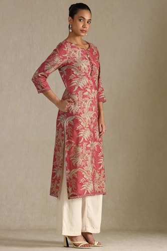 Soch Womens Pink Linen Botanical Print Kurta with Tassels