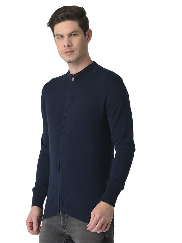 Turtle Men Navy Blue Self Design Front Open Neck Pullover
