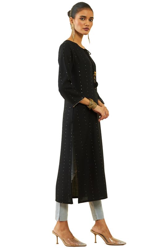 Soch Womens Black Rayon Sequin Embellished Round-Neck Straight Kurta