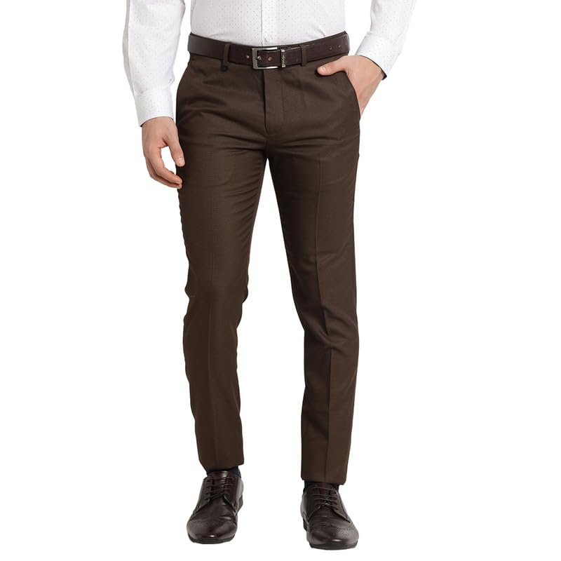 Turtle Men Poly-Viscose Brown self Design Ultra Slim Fit Formal Trouser