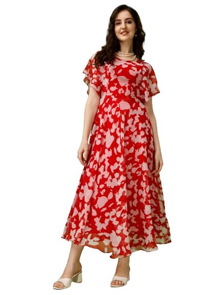Fashion2Wear WomenS Georgette Floral Printed Flared Stylish Gown With Belle Sleeves