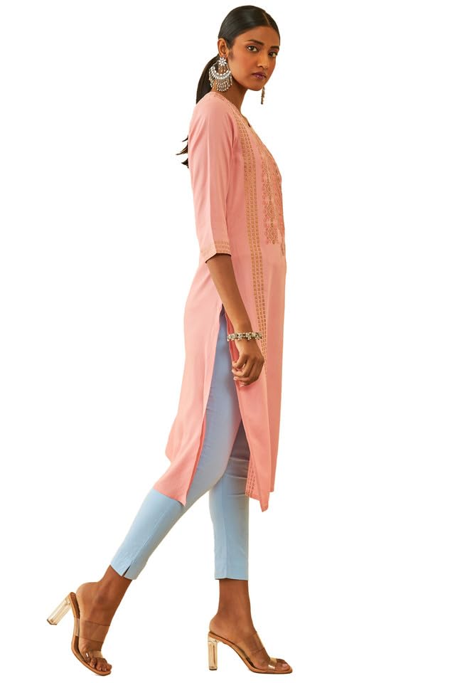 Soch Womens Peach Rayon Ethnic Motifs Printed Straight Kurta with Beads