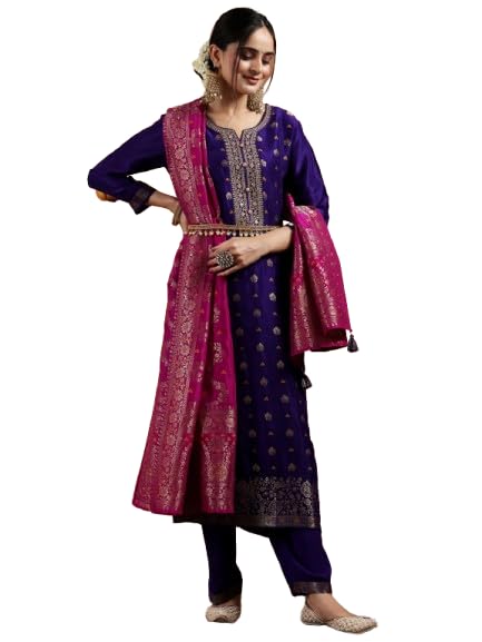 Libas WomenS Silk Blend Kurta Set (48962Oh_Purple